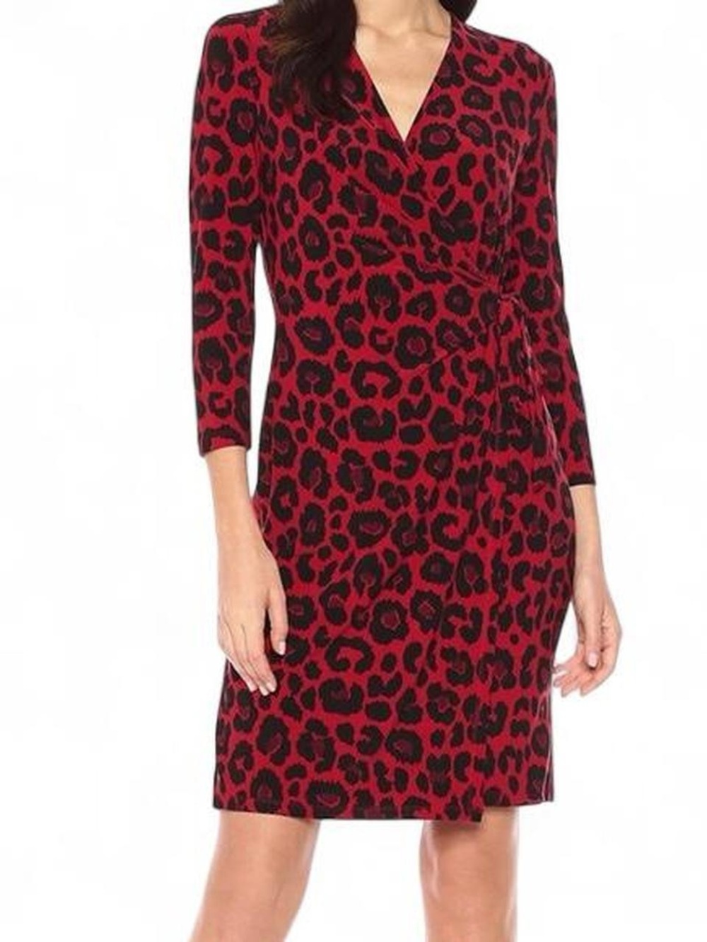 Anne Klein Women’s Red & Black Leopard Print Wrap Dress Cocktail Chic | Size M